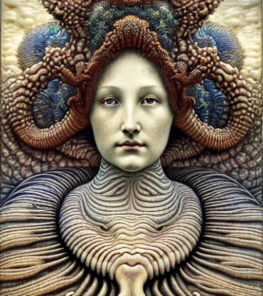 Image similar to detailed realistic beautiful reef goddess face portrait by jean delville, gustave dore, iris van herpen and marco mazzoni, art forms of nature by ernst haeckel, art nouveau, symbolist, visionary, gothic, neo - gothic, pre - raphaelite, fractal lace, intricate alien botanicals, ai biodiversity, surreality, hyperdetailed ultrasharp octane render