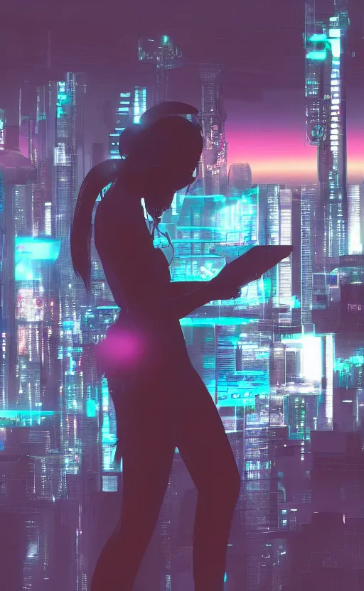 Prompt: digital painting of a cyberpunk female digital artist creating art on computer and there are windows with cyberpunk city skyline in the room, sunrise,