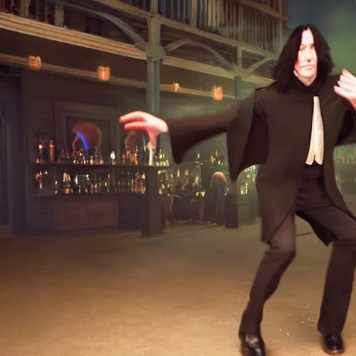 Image similar to Severus Snape dances in a bar, night city, realistic, full body, very detailed, super realistic
