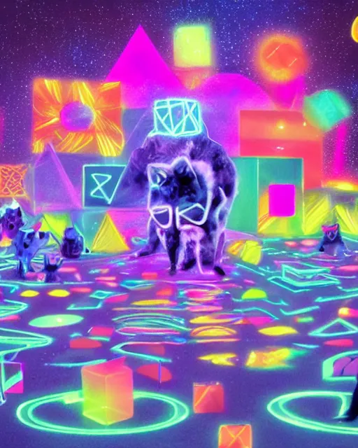 Image similar to a crowded rave party for dancing lovable cute furry monsters of every shape and size surrounding a laser show neon cube tesseract impossible geometry, portal to other worlds, geometric, generative, bending space and time, at hazy dusty dusk starry night sky