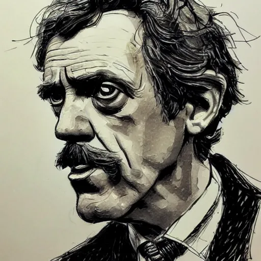 Image similar to a realistic yet scraggly portrait sketch of the side profile of a stern and sophisticated hugh laurie, trending on artstation, intricate details, in the style of frank auerbach, in the style of sergio aragones, in the style of martin ansin, in the style of david aja, in the style of mattias adolfsson
