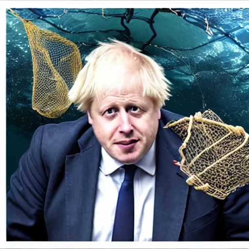 Prompt: photo of boris johnson underwater tangled in fishing net