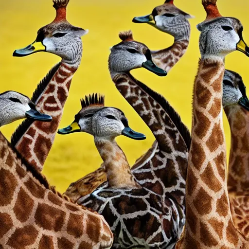 Image similar to duck giraffe hybrid, bold natural colors, national geographic photography, masterpiece, full shot