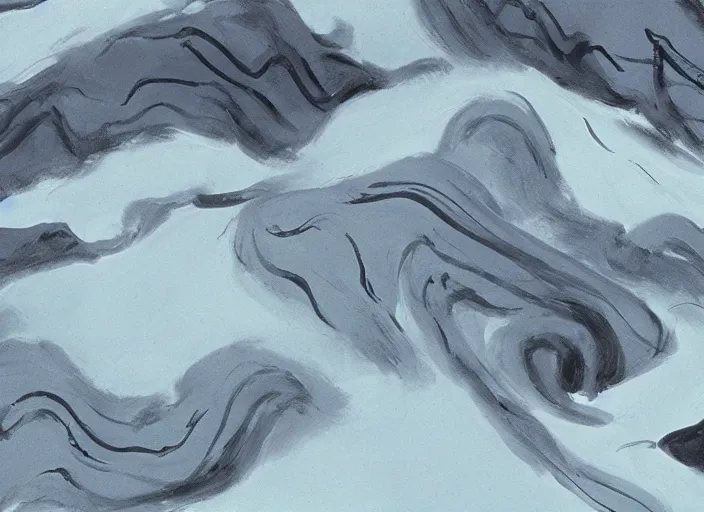 Image similar to minimalist charred rocky snowdrift landscape with slow wide contours from mulan ( 1 9 9 8 )