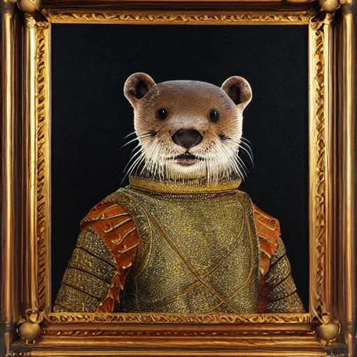 Prompt: Otter in renaissance armor. Finely detailed, oil on canvas.