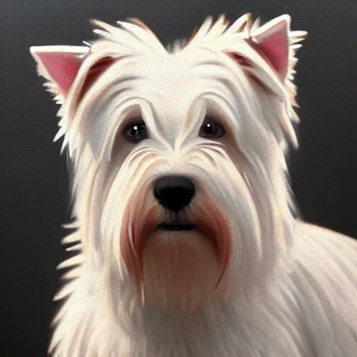 Prompt: west highland terrier, oil painting, fine art, artstation, masterpiece, cinematic lighting, very realistic, highly detailed