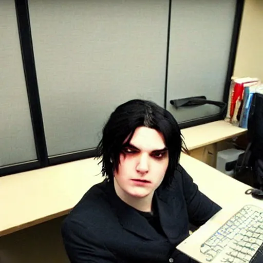Image similar to a screenshot of blacked hair Gerard Way working in The Office (2007)