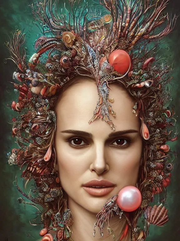 Image similar to a portrait render of Natalie Portman between fish and coral reef who has baroque dramatic headdress with intricate fractals of shellfish and pearls,by tom bagshaw and Agnieszka Lorek and Visarute Angkatavanich and aaron horkey and peter gric,trending on pinterest,rococo,hyperreal,maximalist,glittering,feminine