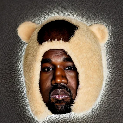 Image similar to the face of kanye west wearing teddy bear costume at 4 2 years old, portrait by julia cameron, chiaroscuro lighting, shallow depth of field, 8 0 mm, f 1. 8