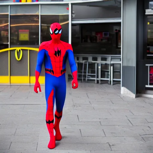 Prompt: spider man working in mcdonalds, movie still, dslr