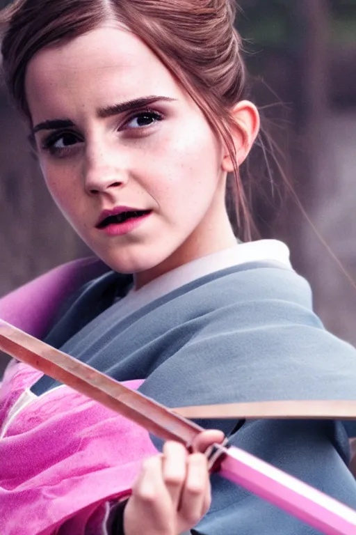 Image similar to highly detailed beautiful photo of emma watson as a young female samurai, practising sword stances, symmetrical face, beautiful eyes, pink hair, realistic anime art style, 8 k, award winning photo, pastels colours, action photography, 1 / 1 2 5 shutter speed, sunrise lighting