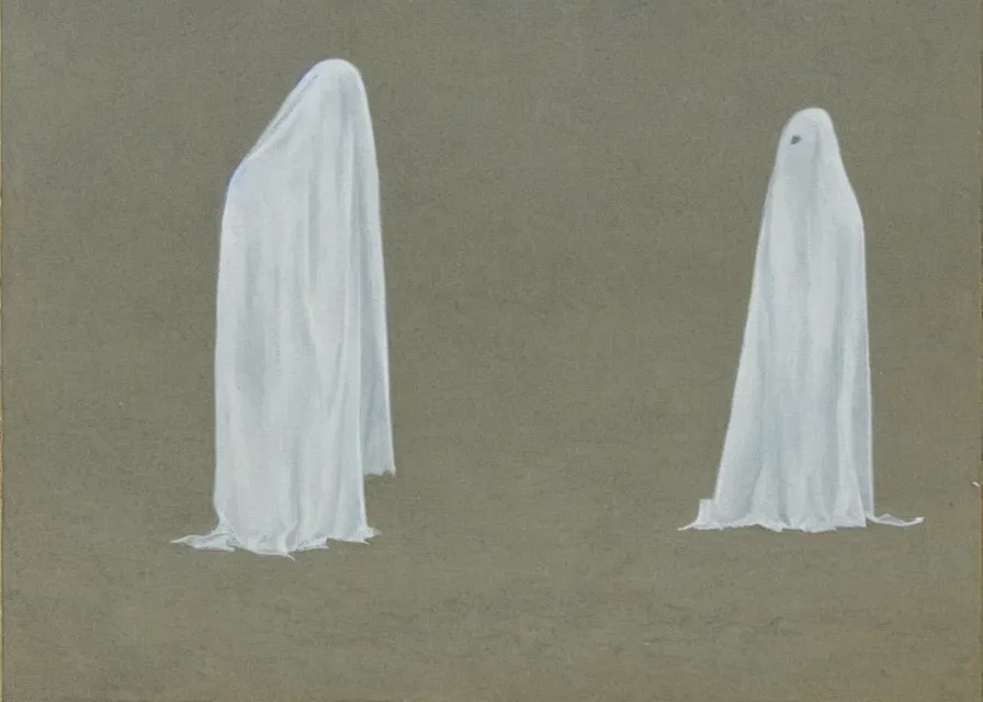 Prompt: white sheet ghost standing in an empty field, by jean charlot