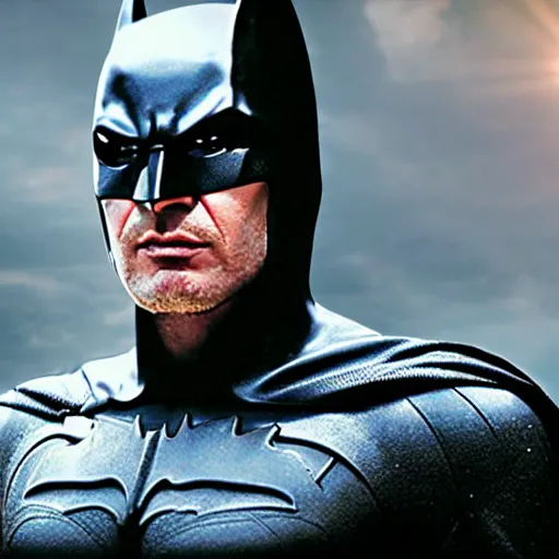 Image similar to harrison ford as the batman, cinematic, epic quality, 8 k, photorealistic, sharp focus, flare lens, rain, movie still