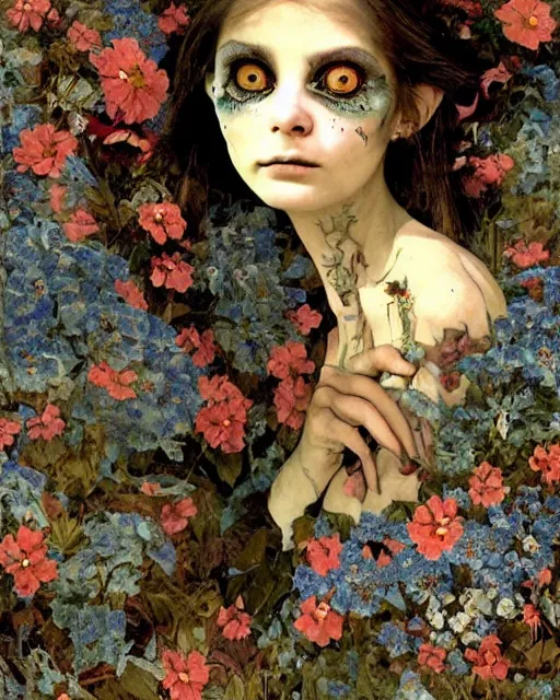 Prompt: a pretty but sinister and creepy goblin in layers of fear decoupage, with haunted eyes, violence in her eyes, 1 9 7 0 s, seventies, delicate embellishments, a little blood, woodland, blue dawn light shining on wildflowers, painterly, offset printing technique, by walter popp, alexandre cabanel