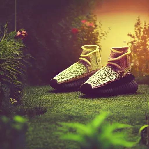 Prompt: A futuristic Yeezy shoe in the middle of a garden, vintage camera, dreamy, atmospheric, golden hour, cinematic lighting, 8K concept art, melancholy, detailed