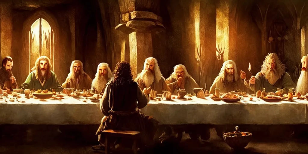 Image similar to the hobbit last supper by greg rutkowski, digital painting, trending on artstation, sharp focus, 4 k