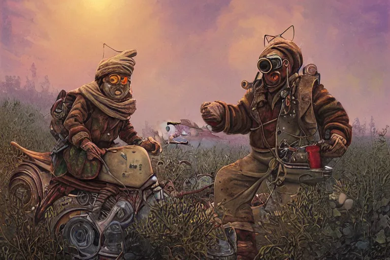 Prompt: a highly detailed garden gnome wearing goggles and head scarf holding onto the side of a caravan as its speeding down the highway, hopeless wasteland background with a relentless raging sun overhead, post - apocalyptic road warrior vibe, full body, wide angle, an ultrafine detailed painting by p. craig russell and barry windsor - smith, trending on deviantart, octane, masterpiece