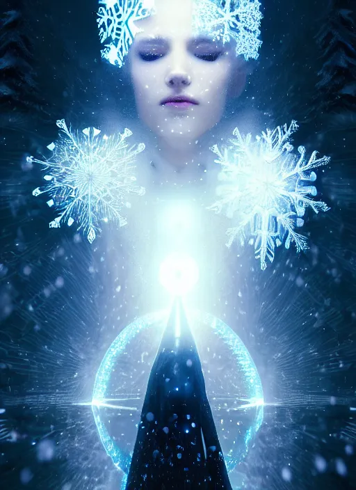 Prompt: a beautiful white queen with a giant snowflake as halo, snow particles in the background, bokeh, glowing light orbs, intricate concept art, illuminated lines, outrun, vaporware, dark background, cyberpunk darksynth, ethereal, ominous, misty, 8 k, rendered in octane, by ruan jia and jeremy mann and alphonse mucha