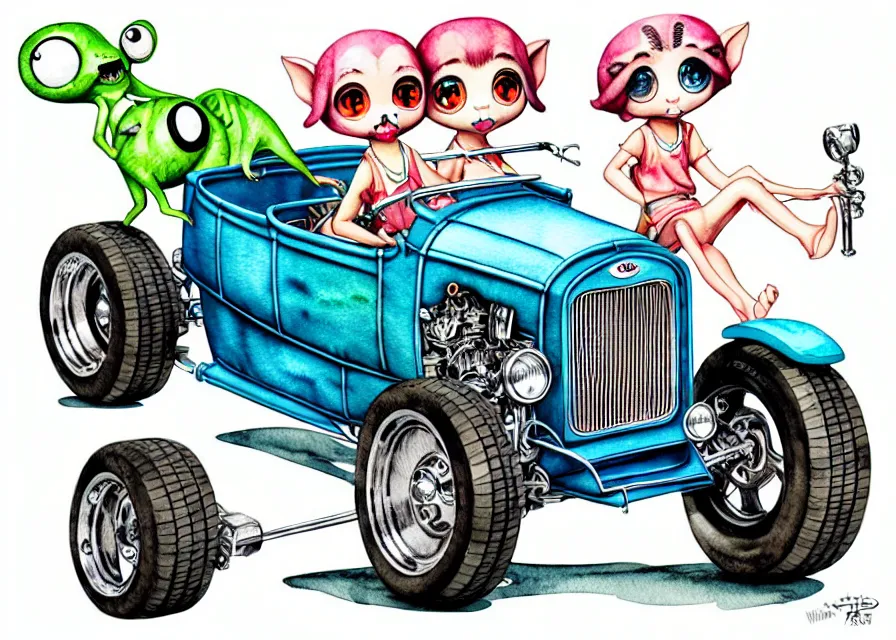 Image similar to cute and funny, margay riding in a tiny 1 9 2 3 ford t - bucket with oversized engine, ratfink style by ed roth, centered award winning watercolor pen illustration, isometric illustration by chihiro iwasaki, edited by range murata, tiny details by artgerm and watercolor girl, symmetrically isometrically centered