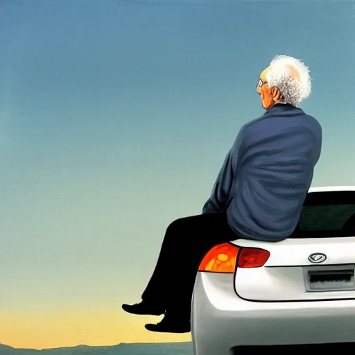 Prompt: larry david sitting on roof of 2009 prius, edward hopper painting