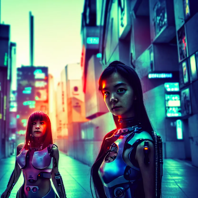 Image similar to a photo close up cyberpunk cyborg girl stands in a cyberpunk hiroshima, prefecture streets, sunset, photorealistic, cinematic lighting, very detailed, style by tomino - sama