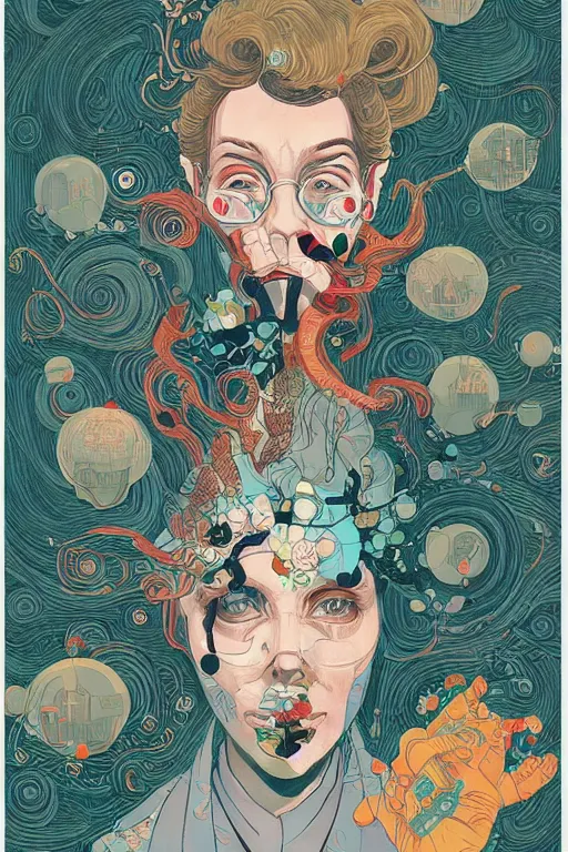 Image similar to portrait of mad lady scientist, stylized illustration by victo ngai, james jean, colorful comics style,