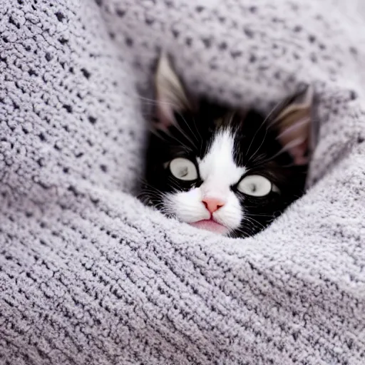 Image similar to a sleepy and cute kitten laying under a blanket, canon eos r 3, f / 1. 4, iso 2 0 0, 1 / 1 6 0 s, 8 k, raw, unedited, symmetrical balance, in - frame