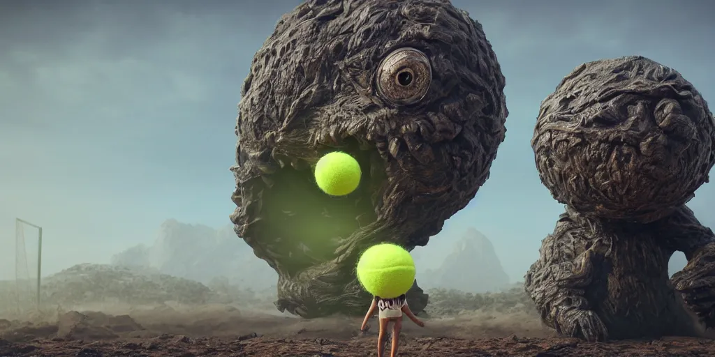 Image similar to a photo of 8 k ultra realistic giant tennis ball monster statue, tennis ball monsters, exotic, cinematic lighting, trending on artstation, 4 k, hyperrealistic, focused, high details, unreal engine 5, cinematic, alien planet atmosphere in background, 3 d render by basil gogos and beeple