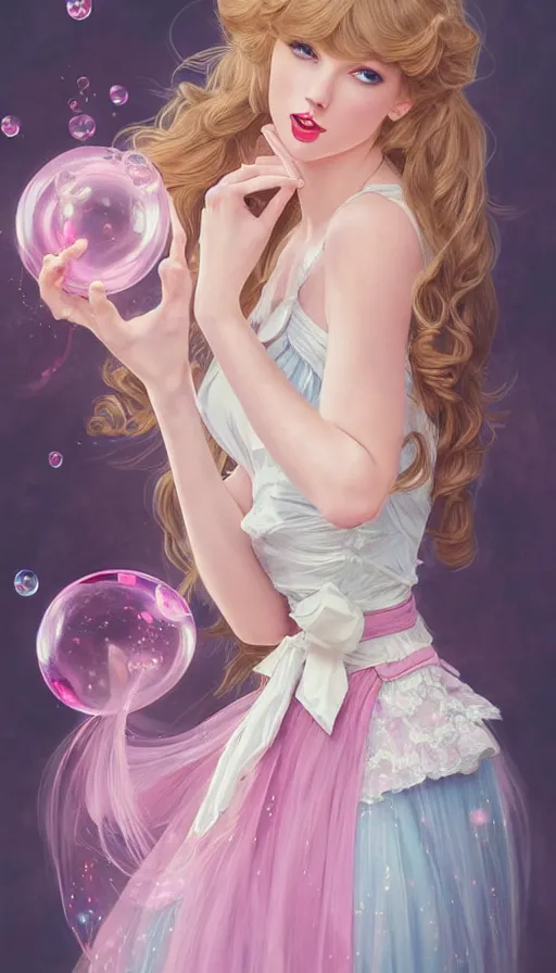 Prompt: portrait of Taylor Swift as a magical lolita girl, dreamy and ethereal, expressive pose, big pink eyes, peaceful expression, ornate frilly dress, fantasy, intricate, elegant, many rainbow bubbles, rose tones, highly detailed, digital painting, artstation, concept art, smooth, sharp focus, illustration, art by artgerm and greg rutkowski and alphonse mucha