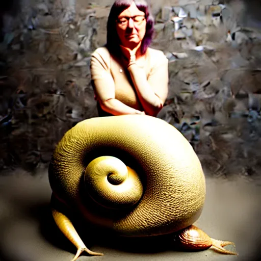 Image similar to modern full body color studio photograph of real snail woman, woman made out of snail