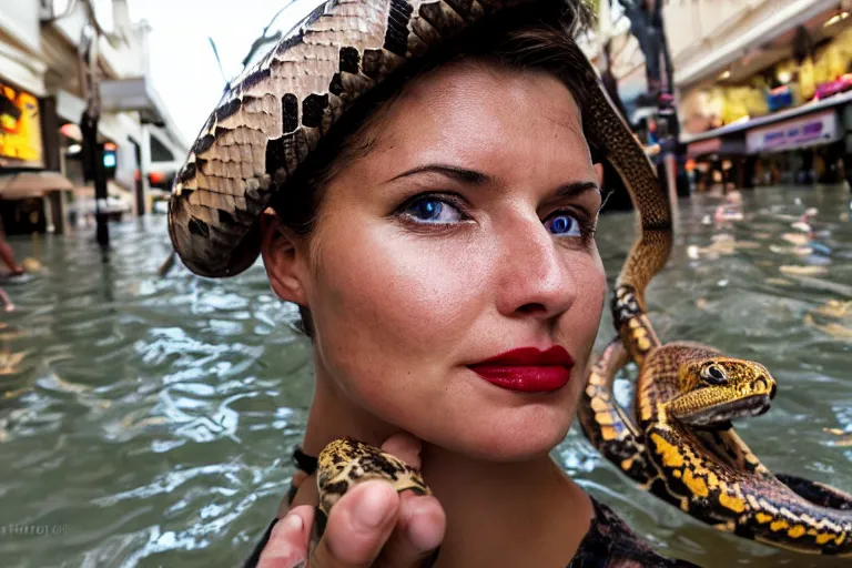 Prompt: closeup portrait of a woman carrying a python over her head in a flood in Rundle Mall in Adelaide in South Australia, photograph, natural light, sharp, detailed face, magazine, press, photo, Steve McCurry, David Lazar, Canon, Nikon, focus