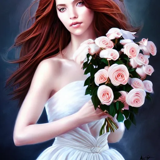 Image similar to portrait of a gorgeous woman holding a bouquet of roses, auburn hair, intricate, white dress, elegant, highly detailed, 8 k, art by artgerm, mark hill