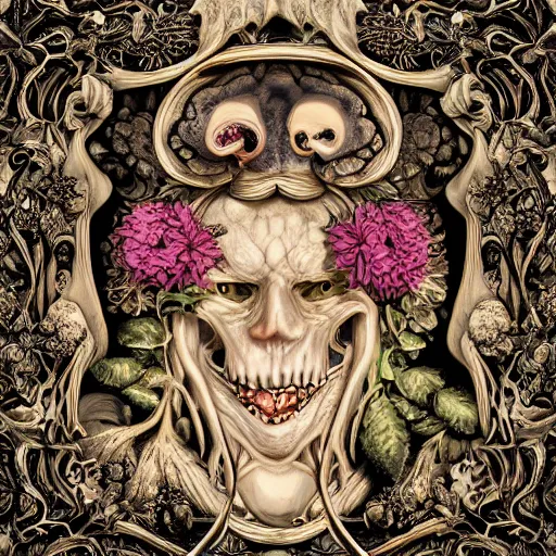 Image similar to a beautiful detailed rococo 8 0's photo of a rotten woman corpse with face muscles, veins, arteries, fractal plants and fractal flowers and mushrooms growing around, intricate, ornate, volumetric light, beautiful lit, beetlejuice