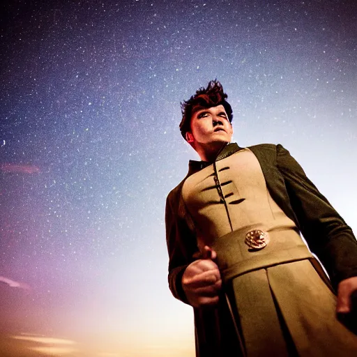 Image similar to Jason Rose as General Ironwood from RWBY, vintage, back to the camera, looking up, night sky
