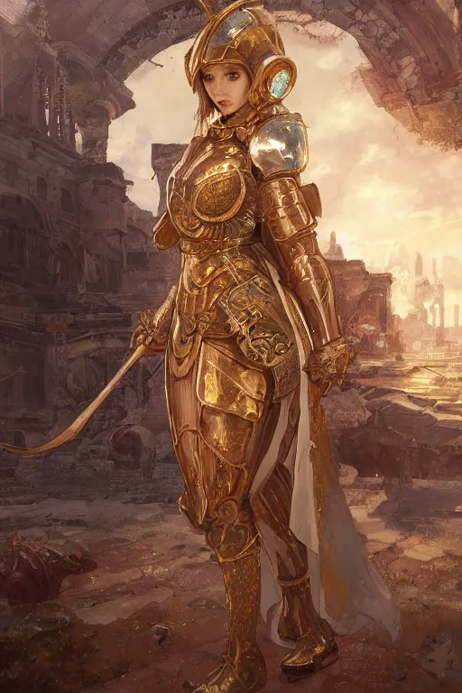 Image similar to portrait knights of Zodiac girl, golden and copper reflected armor, in ruined Agora of Athens, ssci-fi, fantasy, intricate, very very beautiful, elegant, highly detailed, digital painting, artstation, concept art, smooth, sharp focus, illustration, art by WLOP and tian zi and alphonse mucha