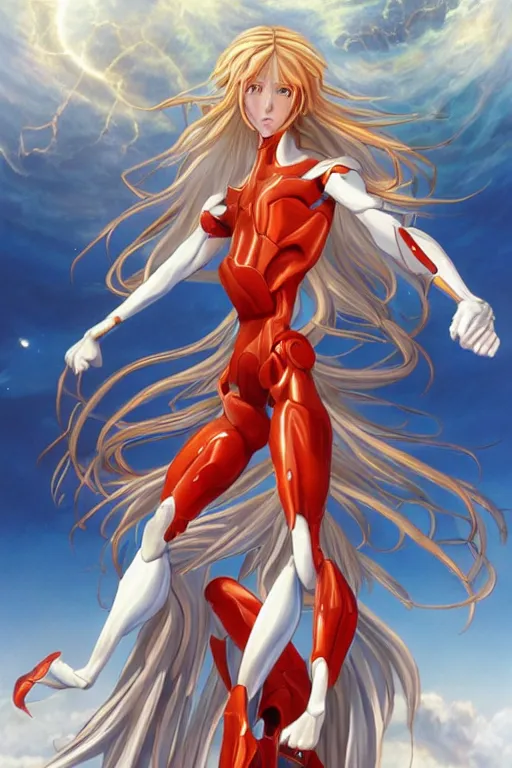 Prompt: poster for the end of Evangelion Apollo the sun God, glowing white skin, angelic augmented cyborg with very very long curly blond hair, fantasy, intricate, elegant, dramatic lighting, emotionally evoking symbolic metaphor, highly detailed, lifelike, photorealistic, digital painting, artstation, concept art, smooth, sharp focus, illustration, art by John Collier and Albert Aublet and Krenz Cushart and Artem Demura and Alphonse Mucha