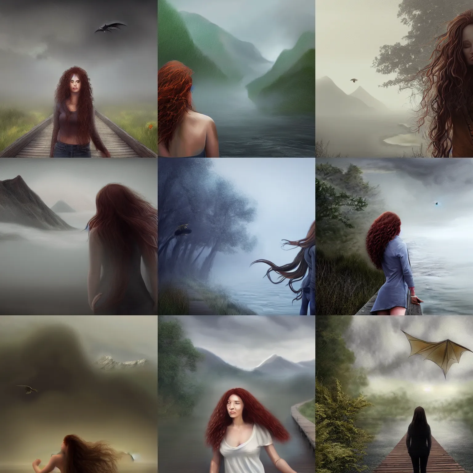 Prompt: a realistic digital painting of a woman with curly long redhair standing in a boardwalk besides a river looking at a dragon flying out of the mountains in a fog during a thunderous weather. Trending on ArtStation. Epic Art. Emotional