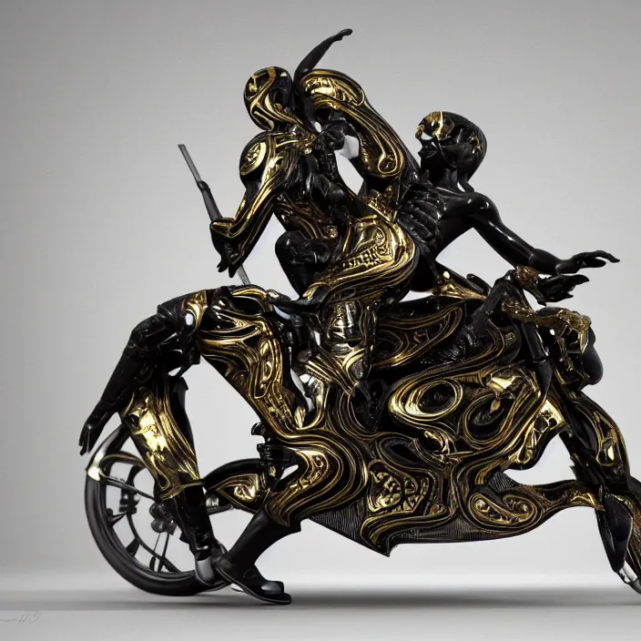 Image similar to fine art statue of black egyptian man on a surrealist motorbike motorcycle, ebony art deco sculpture, carved black marble, inlaid with ebony and gold accents, ebony rococo, wings black lace wear, spider zero, zaha hadid, beautifully lit, hyper detailed, octane render, intricate, elite, ornate, photorealistic, micro details, 3 d sculpture, ray trace