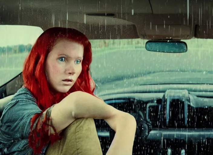 Image similar to A very high resolution image from a new movie, inside of a car, teen red hair woman, raining, hot, directed by wes anderson