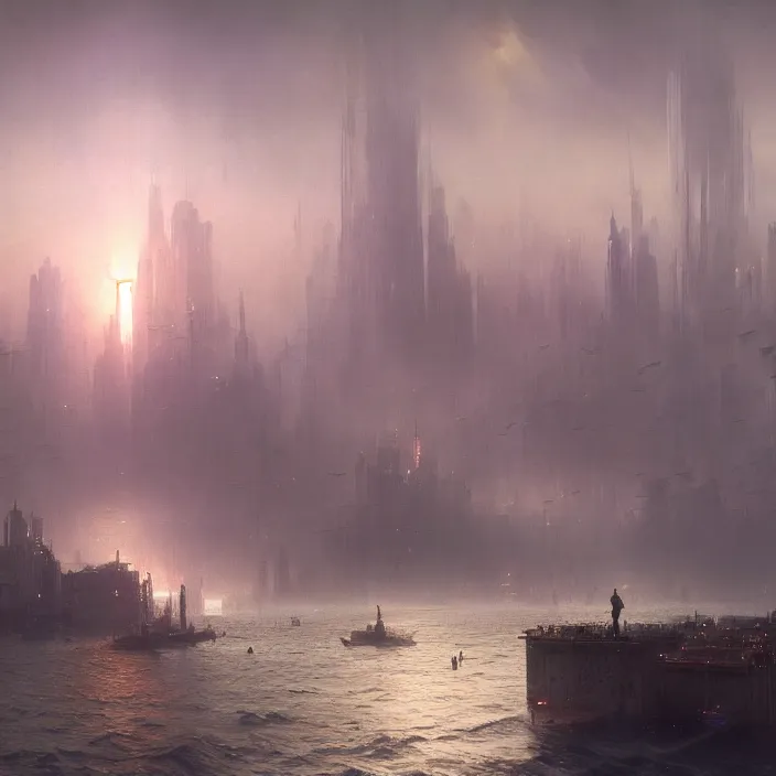 Image similar to a beautiful painting of a cyberpunk city on the sea by ivan aivazovsky and greg rutkowski and james gurney and frank lloyd, in style of unreal engine 5. hyper detailed, sharp focus, soft light. unreal engine 5 lumen. ray tracing. trending on artstation.