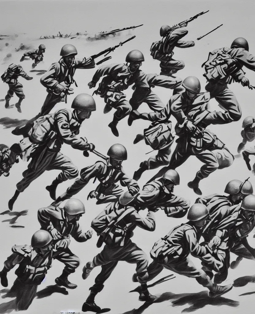 Image similar to a painting of running soldiers and bombs in el alamein battle, wwii,, black and white, disorder, bauhaus