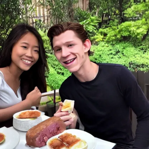 Image similar to Tom Holland eating spam musubi with a Filipina college girl