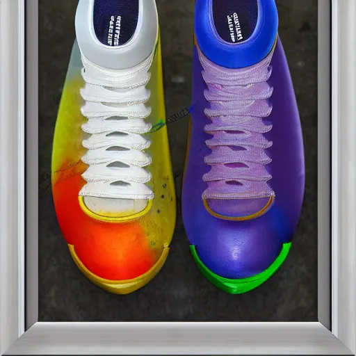 Image similar to margiela fusion sneakers ultra rendered extreme realism and detail, 8 k, highly detailed, realistic, completely framed, pbr, surreal, hyper realistic, colorful, direct lighting, 3 5 mm photo, photorealistic, sharp focus,