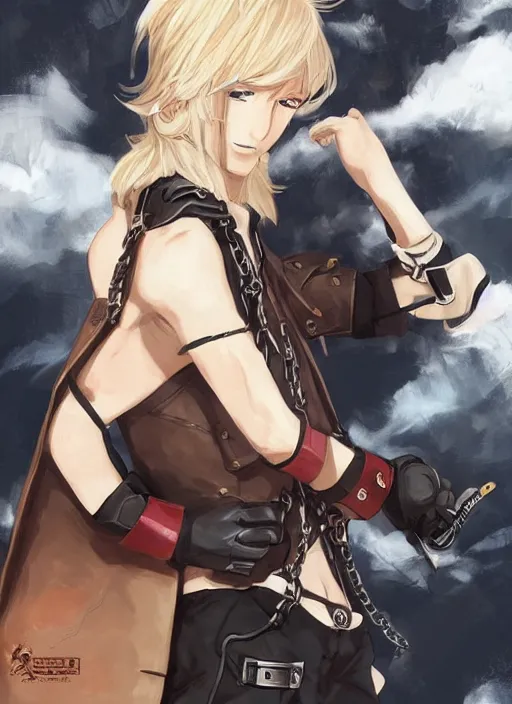 Prompt: a blonde boy thief in leathers with a metal armband in the style of krenz cushart