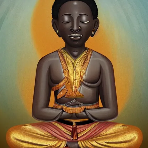 Image similar to contented peaceful haitian!! bodhisattva, praying meditating, in a scenic environment, detailed, golden hour, realism, artstation trending, digital art