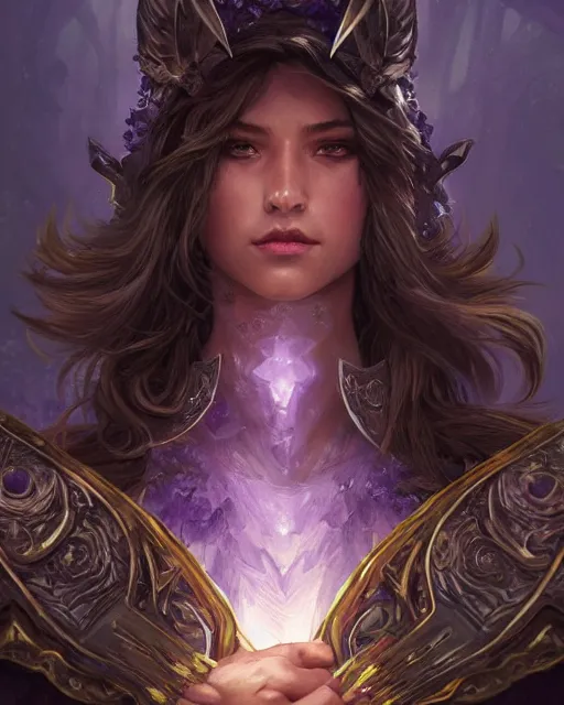 Prompt: Portrait of a Fantasy amethyst knight, moonlit, HD, illustration, epic, D&D, fantasy, intricate, elegant, highly detailed, digital painting, artstation, concept art, smooth, sharp focus, illustration, art by artgerm and greg rutkowski and alphonse mucha, monster hunter illustrations art book