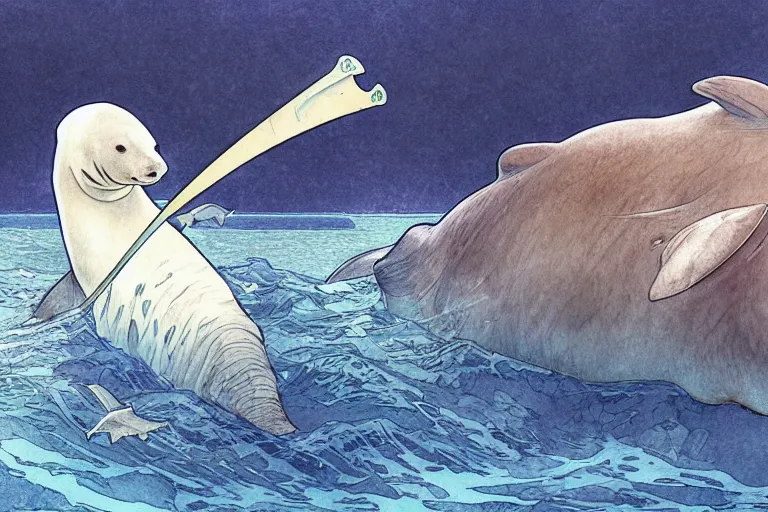 Prompt: a pilosaurus hunting a baby harp seal in the Arctic, swimming among fish in a gray and blue ocean of worrying intent, water color, art by artgerm and greg rutkowski and alphonse mucha and jin xiaodi and anthony devine