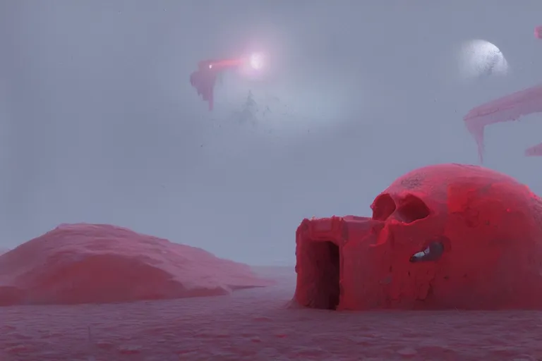 Image similar to a hovering red skull, surreal frozen landscape, 8 k, cinematic lighting, by beeple and zdzisław beksinski