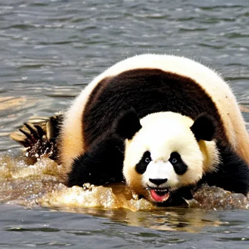 Prompt: panda caught in a scallop dredger