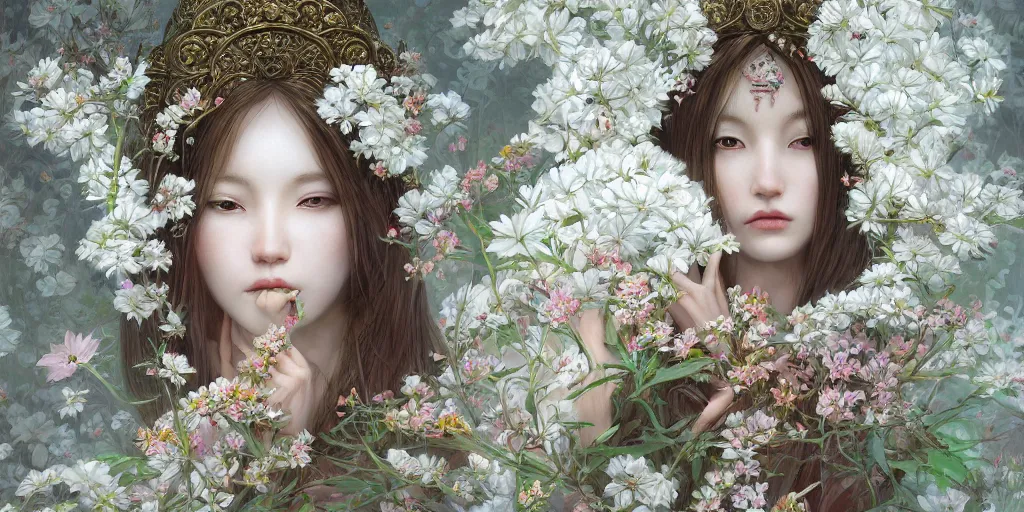 Image similar to breathtaking detailed concept art painting of the goddess of white flowers, orthodox saint, with anxious, piercing eyes, ornate background, amalgamation of leaves and flowers, by Hsiao-Ron Cheng, James jean, Miho Hirano, Hayao Miyazaki, extremely moody lighting, 8K